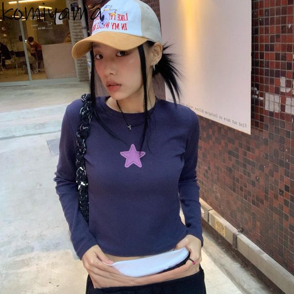 

women's t-shirt simple vintage o-neck star t-shirts summer crop long sleeve tee shirt slim fit all-match ropa mujer y2k streetwear 2304, White