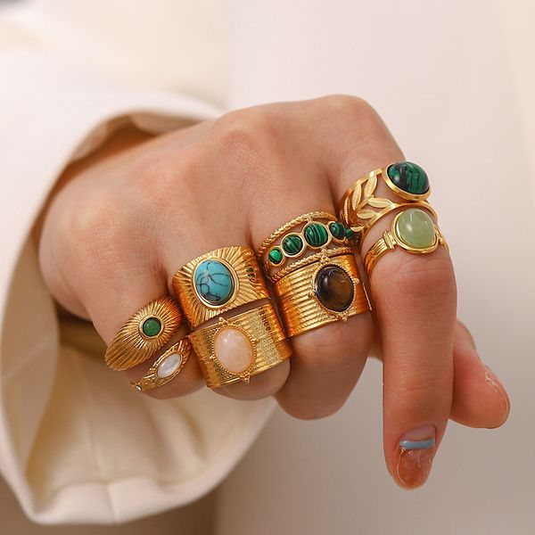 

titanium steel opening ring female fashion jewelry french retro designer net red european american temperament niche irregular gems girlfrie, Golden;silver