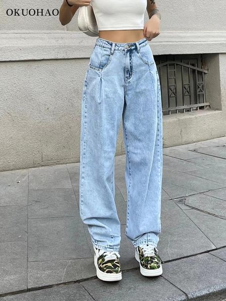 

jeans okuohao baggy mom jeans high waist casual slim denim harem pants women wash blue streetwear fashion loose straight y2k trousers