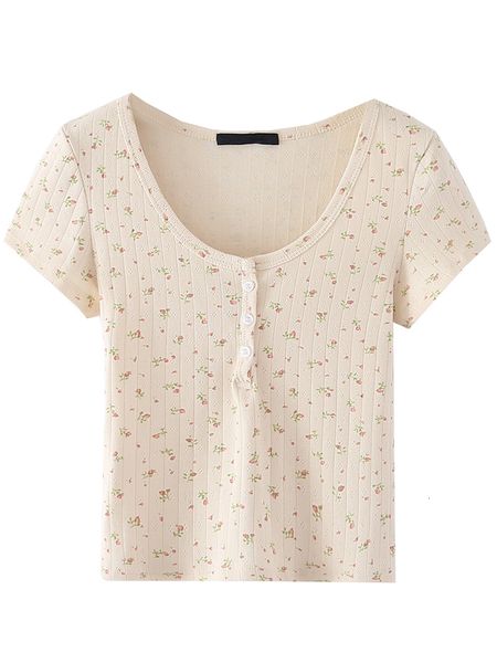 

women's t-shirt vintage floral print slim t-shirts women summer button round neck cotton short sleeve y2k ladies retro chic sweet t sh, White