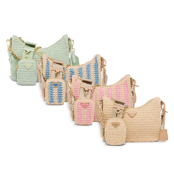 

3piece triangle tote bags pochette shoulder pink designer bag luxury weave straw handbag crossbody beach prad red clutch bag