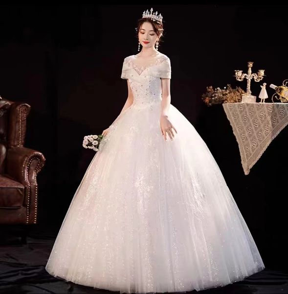 

2024 elegant super beautiful handmade beading quality round neckline bridal with handmade beads wedding ball gown with lace luxury and long, White