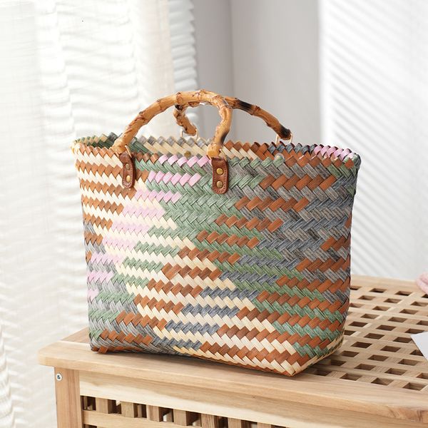 

shopping bags vintage bamboom handle rattan women handbags wicker woven basket bag handmade summer beach straw bag casual small tote purses