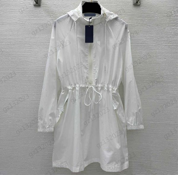 

long sleeve dresses classic triangle label embroidery logo half zip flap dress detachable hooded design waist drawstring corset waist maxisk, Black;gray