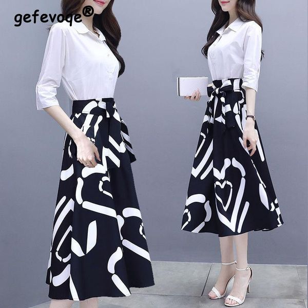 

dresses 2022 spring autumn korean fashion elegant lace up print patchwork office ladies dresses casual slim 3/4 sleeve midi dress women, Black;gray