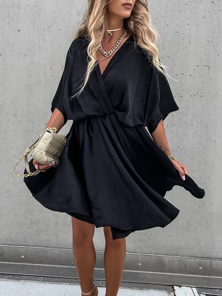 

dresses mini summer office lady v neck solid dress patchwork loose ruffles high waist dress women casual short sleeve streetwear dress, Black;gray