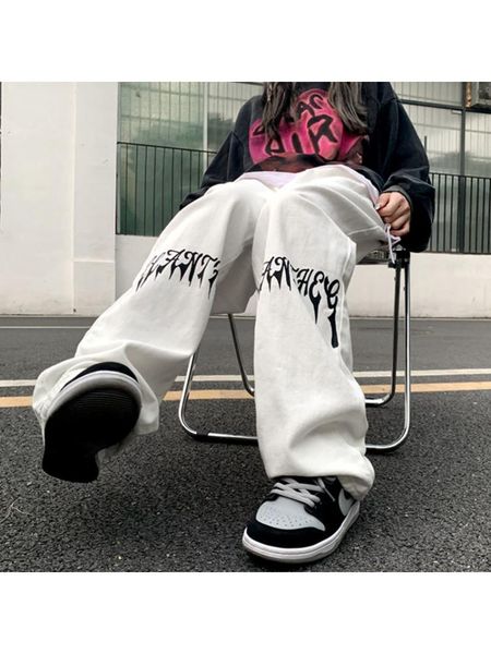 

jeans houzhou gothic grunge white baggy jeans women oversize streetwear print wide leg denime pants harajuku black trousers female, Blue