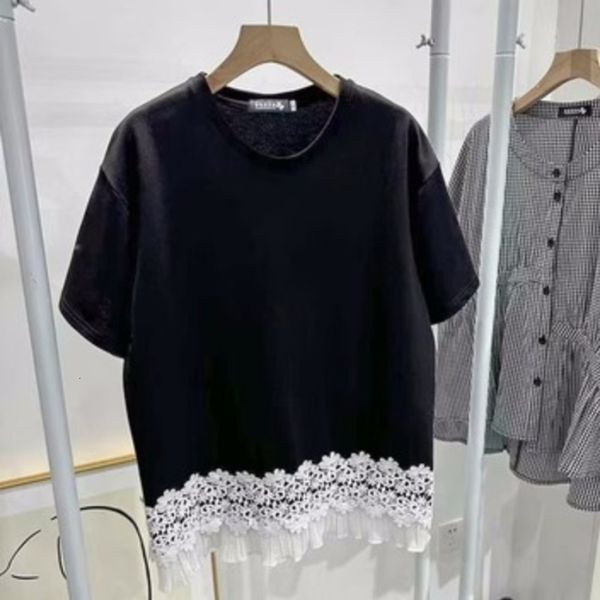 

women's t-shirt komiyama contrast color patchwork lace y2k loose o-neck short sleeve tees summer t shirt fashion casual ropa mujer 230, White