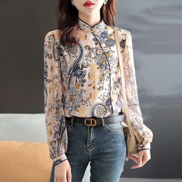 

women's blouses shirts spring autumn long sleeve printing chic chinese style trend button clothing all-match t-shirt 230426, White