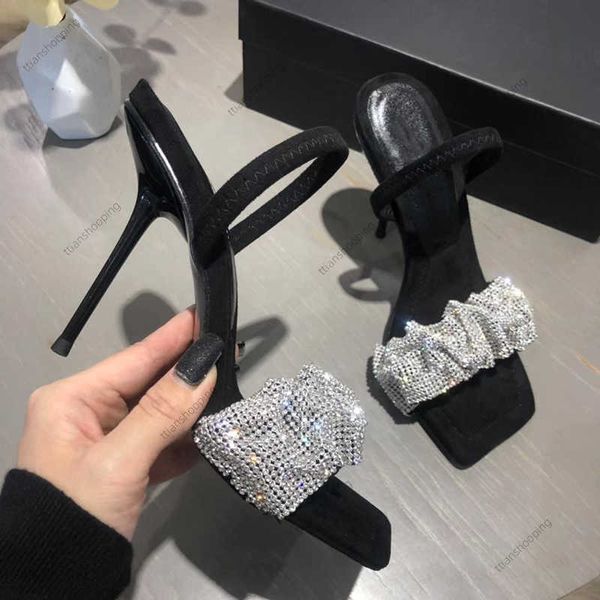 

luxury rhinestone woman party sandals stiletto heels 5.5cm 7.5cm 10cm summer black banquet women shoes size 35-40