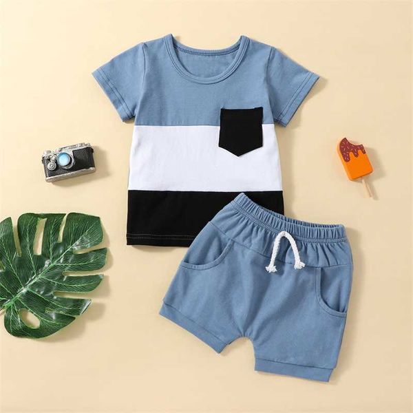 

clothing sets toddler infant baby boys summer clothes outfits contrast color pocket crew neck short sleeve t-shirts and shorts aa230426, White