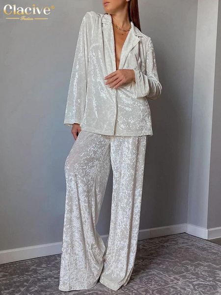 

women's two piece pants clacive winter loose home suits fashion white velvet set elegant lapel long sleeve blouses sets outifits 230426