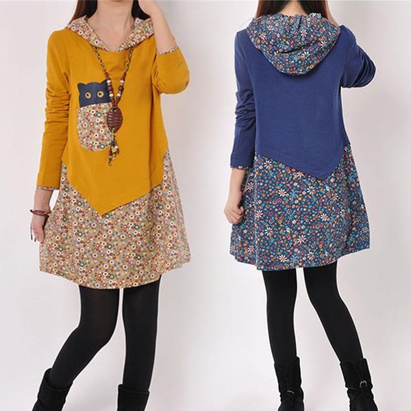 

dresses women winter mini dress vintage long female floral printed streetwear hoodies long sleeve shirt dress pullovers, Black;gray