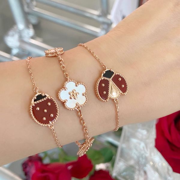 

trend european selling brand rose gold bracelet women lucky flower spring ladybug luxury jewelry set quatrefoil clover bracelets frilove mot, Golden;silver