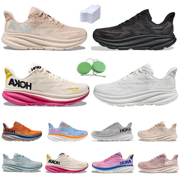 

hoka one one clifton 9 men women running shoes sneaker triple black white shifting sand peach whip harbor mist sweet lilac airy blue navy me