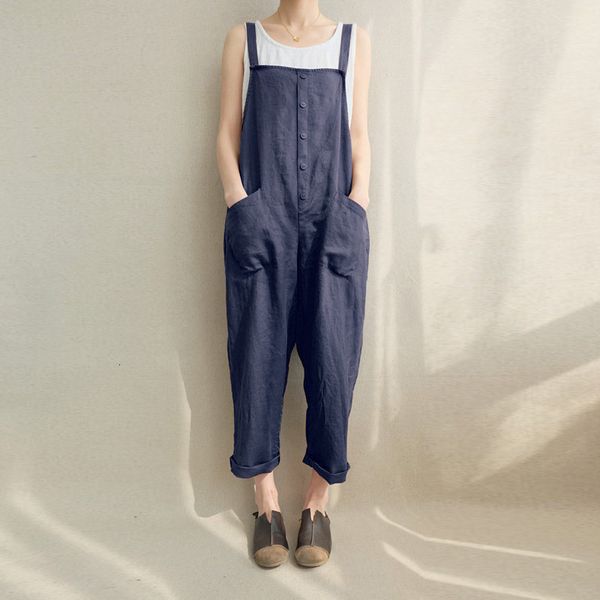 

women's jumpsuits rompers female autumn tank jumpsuits with pockets buttons fashion pure color casual loose long bib pants plus size ov, Black;white