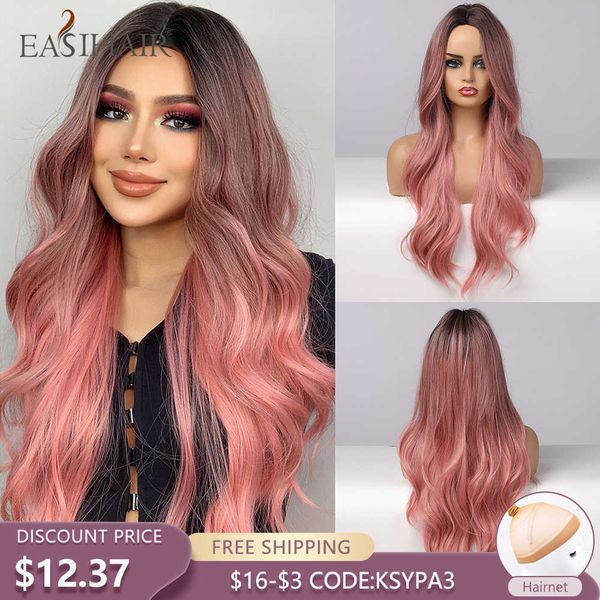 

synthetic wigs easihair long ombre pink synthetic wigs for women middle part wavy cosplay natural hair heat resistant red 230227, Black