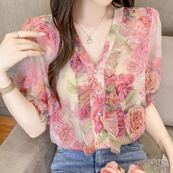

women's blouses shirts floral print elegant v-neck chiffon fashion folds short sleeve button pullovers shirt summer casual clothes 2304, White
