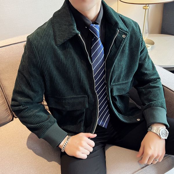 

men's jackets jaket hangat pria versi korea korduroi warna solid tebal musim gugur dingin mantel ritsleting kerah kasual slim fit inggr, Black;brown