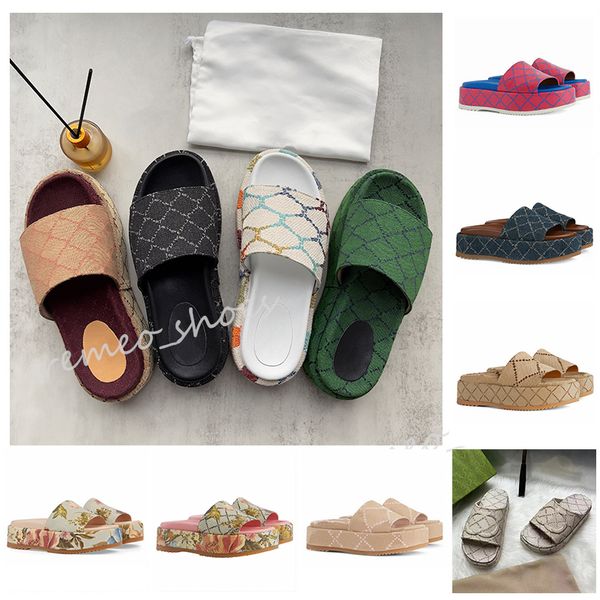 

2023 womens fashion slippers embroidered canvas designer slides slip on slipper girls 60mm slipper covered platform sandals, Black