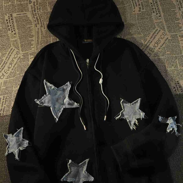 

men's hoodies sweatshirts american retro patch star cardigan sweatshirt women trendy ins loose hong kong style chic thin streetwear y2k, Black