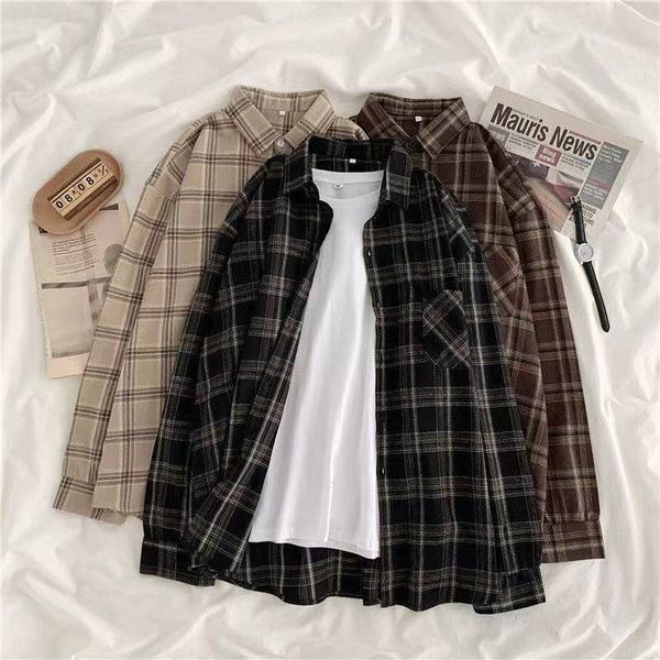 

women's blouses shirts vintage plaid women autumn long sleeve oversize button up shirt korean fashion casual fall outwear blusas mujer, White