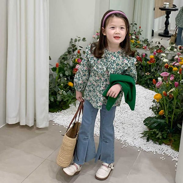 

clothing sets spring autumn new girls' children's clothing suit wooden ear cute floral lapel shirt + jeans pastoral girls fashion, White