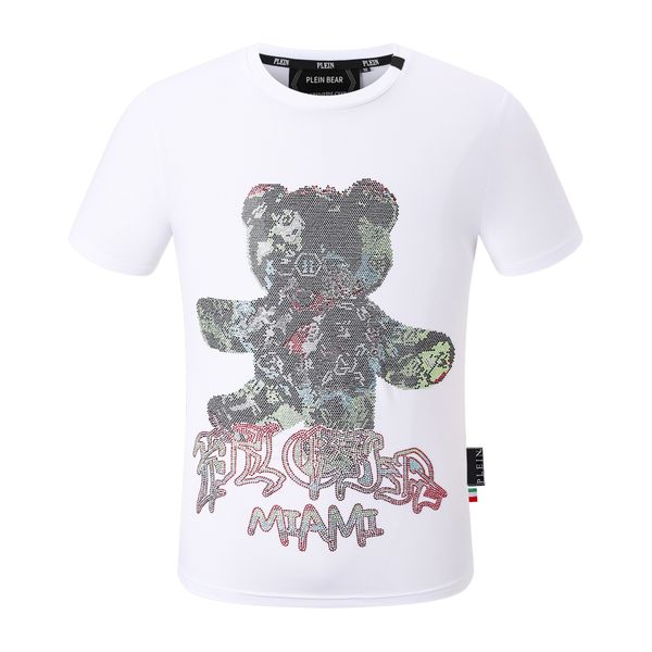 

plein bear t shirt mens designer tshirts brand clothing rhinestone pp skulls men t-shirt round neck ss teddy glass hip hop tshirt tees 16126, White;black