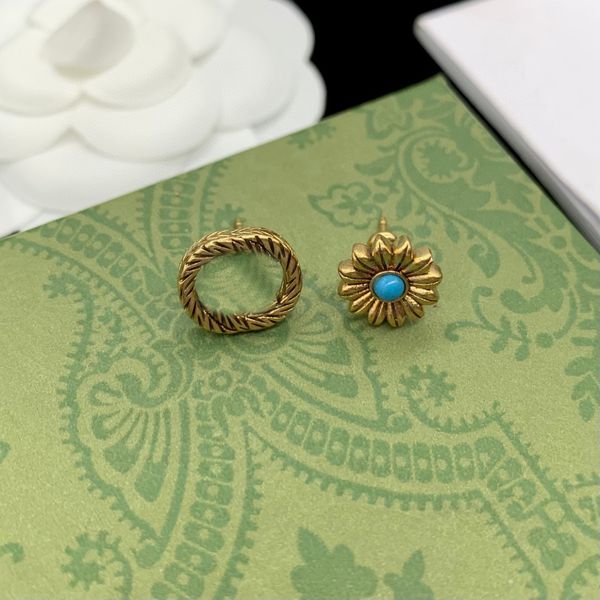 

vintage bronze sunflower stud earring turquoise diamond double g letter brass material personality earrings women wedding party designer jew, Silver