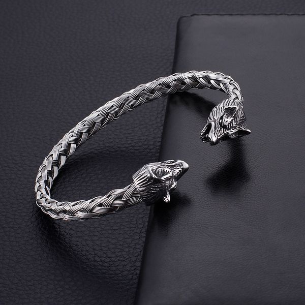 

silver stainless steel cuff bangle biker skull head end open bracelet knot wire chain for mens xmas gifts, White