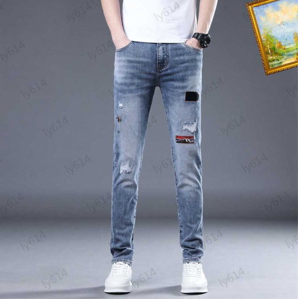 

mens jeans pierced design letters logo decoration luxury brand simple casual jeans multi-pocket design classic spring and autumn style trend, Blue