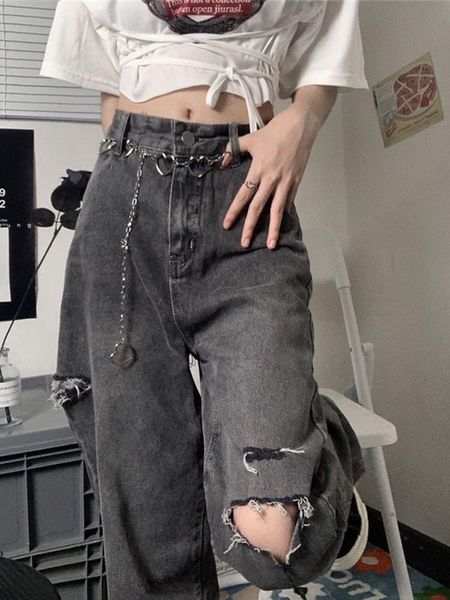 

jeans houzhou vintage streetwear women jeans harajuku high waist hole denim pants female korean fashion trousers grunge punk gothic, Blue