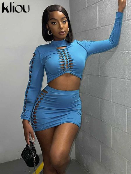 

two piece dress kliou solid hollow out two piece set women stand collar bare midriff hip skirt skinny suit clubwear female clothing j230424, White