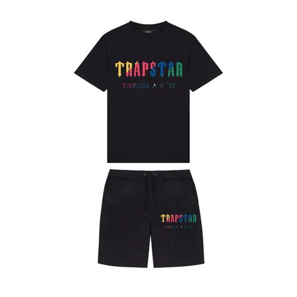

summer new trapstar london shooter short-sleeved t shirt suit chenille decoding black ice flavor men round neck t-shirt shorts suit d88, White;black