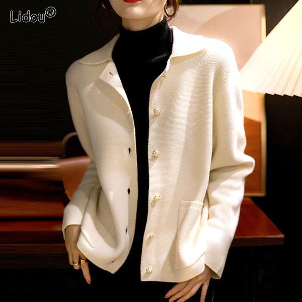 

sweaters women's french style knitted cardigan office lady long sleeves camellia buttons black white turndown collar women's cloth, White;black