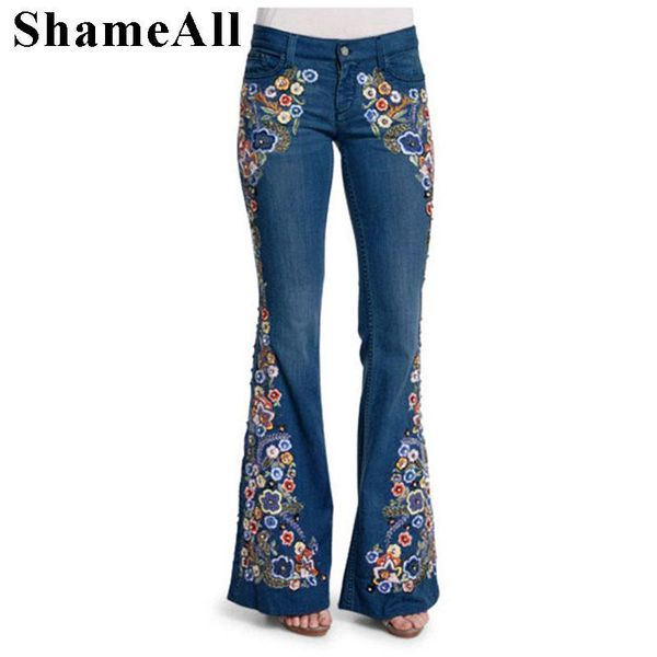 

pants spring women plus size multicolor boho floral embroidery long flare jeans 3xl 4xl highstreet wide leg bellbottom denim pants, Black