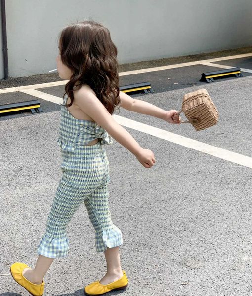 

clothing sets 4721c girl clothing set fashion suit 2023 summer new korean girl's two piece suit halter tight strap sling+ slim bel aa23, White