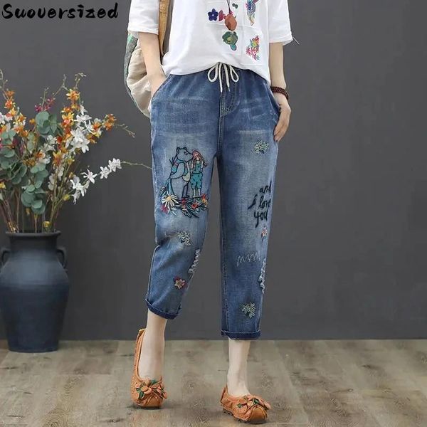 

jeans y2k embroidery anklelength baggy jeans elastic high waist capris lace up harem denim pants women vaquero oversized 4xl pantalon, Blue