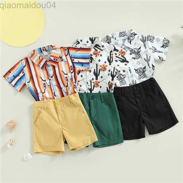

clothing sets kids boys summer clothes outfits cow head print short sleeve turn-down collar shirts solid color shorts 2pcs suit aa230426, White