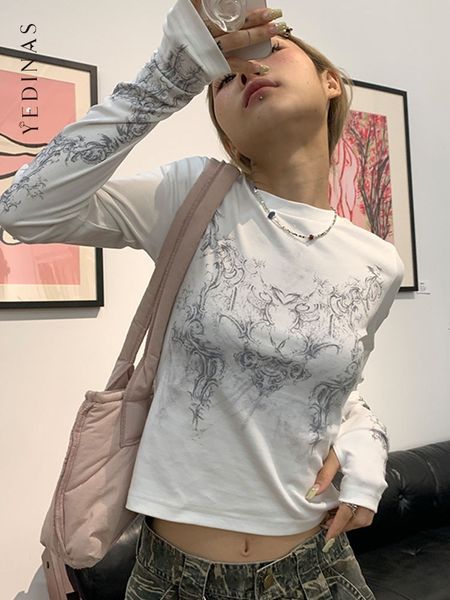 

women's t-shirt yedinas streetwear y2k t shirt women clothes long sleeve korean style grunge aesthetic vintage graphic tee shirt femme, White