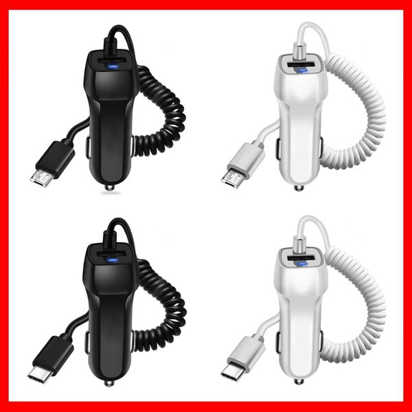 

car charger with spring micro usb type c cable for iphone 12 11 xr 8 cigarette lighter usb truck car charger for phone car-charge car-charge