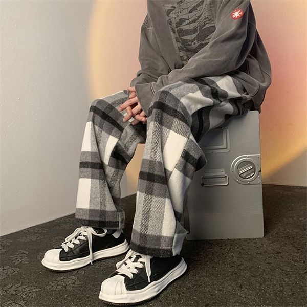 

men's pants woolen plaid pants men's winter thickened loose straight wide-leg casual trousers brand all-match sports pants 230426, Black