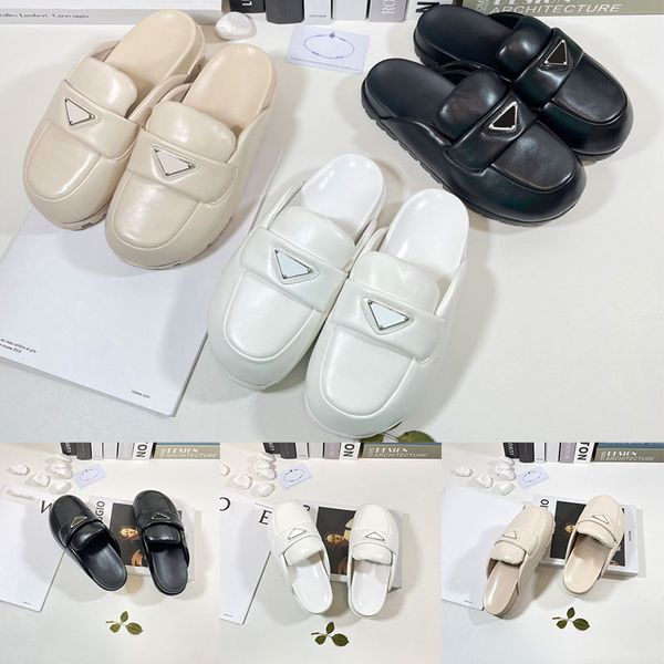 

fashion womens mule shoes prad soft lining leather sandals slippers mules slides triangle women lady scuffs indoors outdoor fashions casual, Black