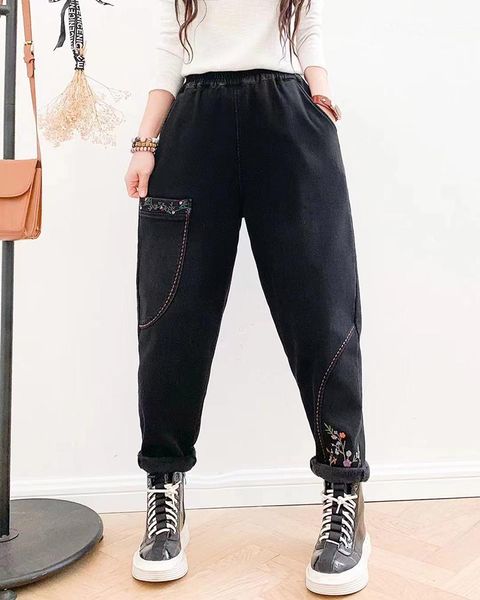 

jeans 110707 winter fashion women jean patchwork pockets casual loose thicken fleece trendy simple allmatch mom breeches denim pants, Blue