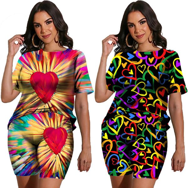 

women's tracksuits summer women love heart print 2 pcs outfits casual high street ladies o-neck short sleeve teesshortsset hip hop swea, Gray