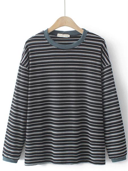 

t-shirt plus size clothes spring autumn long sleeves crew neck stripecotton knitted fabric with fine vertical lines large size tshirt, Black
