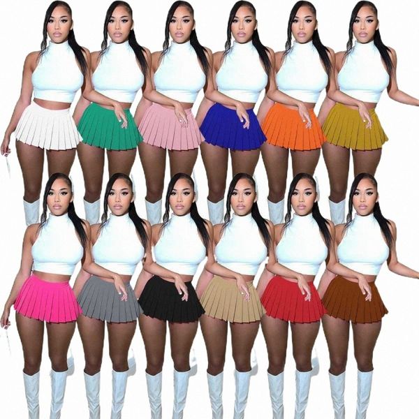 

designer women's 2023 summer fashion solid color t-shirt mini multi-color pleated skirt two piece set u7du#, White