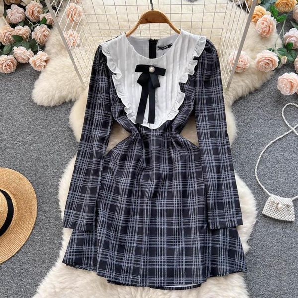 

casual dresses summer fashion preppy retro check thin sweet long sleeve a-line short dress women round neck clothes vestidos j996434, Black;gray