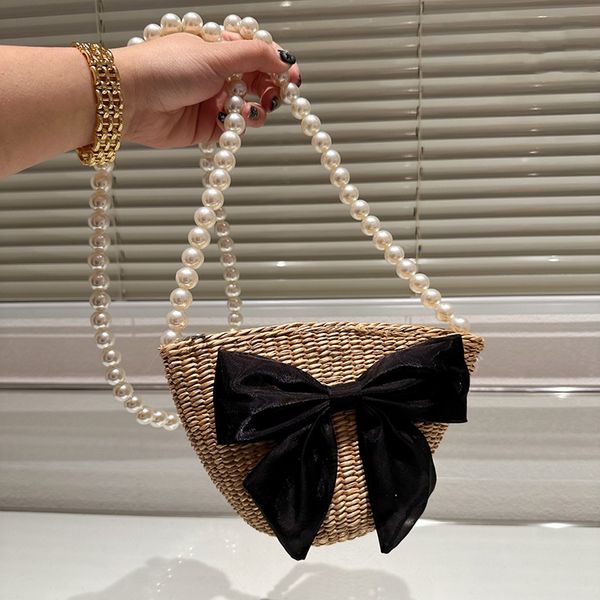 

french womens mini pearl raffia bucket bags for summer beach holiday woven straw purse crossbody shoulder handbags with lovely bowknot clutc