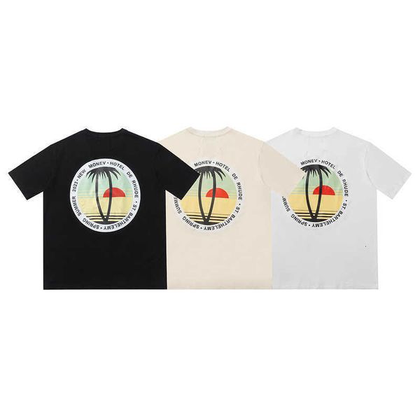 

brand 2023 fashion rhude sunset coconut tree letter printing short sleeve t-shirt for men and women high street loose half, White;black